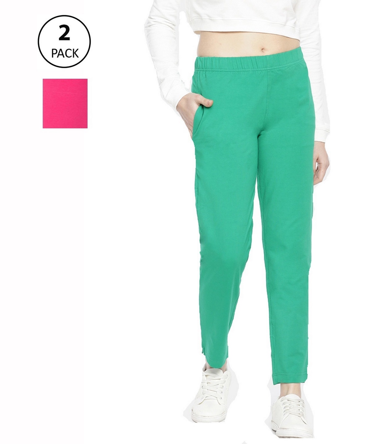 Dollar Missy Women Pack of 2 Straight Fit Solid Cigarette Trousers- D Rani  and F Green